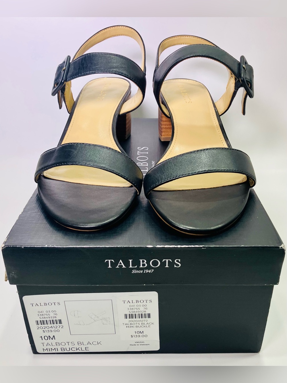 Talbots Black Leather Mimi Buckle 2 in Block Heel Sandal W Sz 10 (Orig $139)